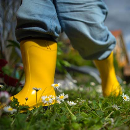 Yellow rain boots running around in the garden with spring flowers